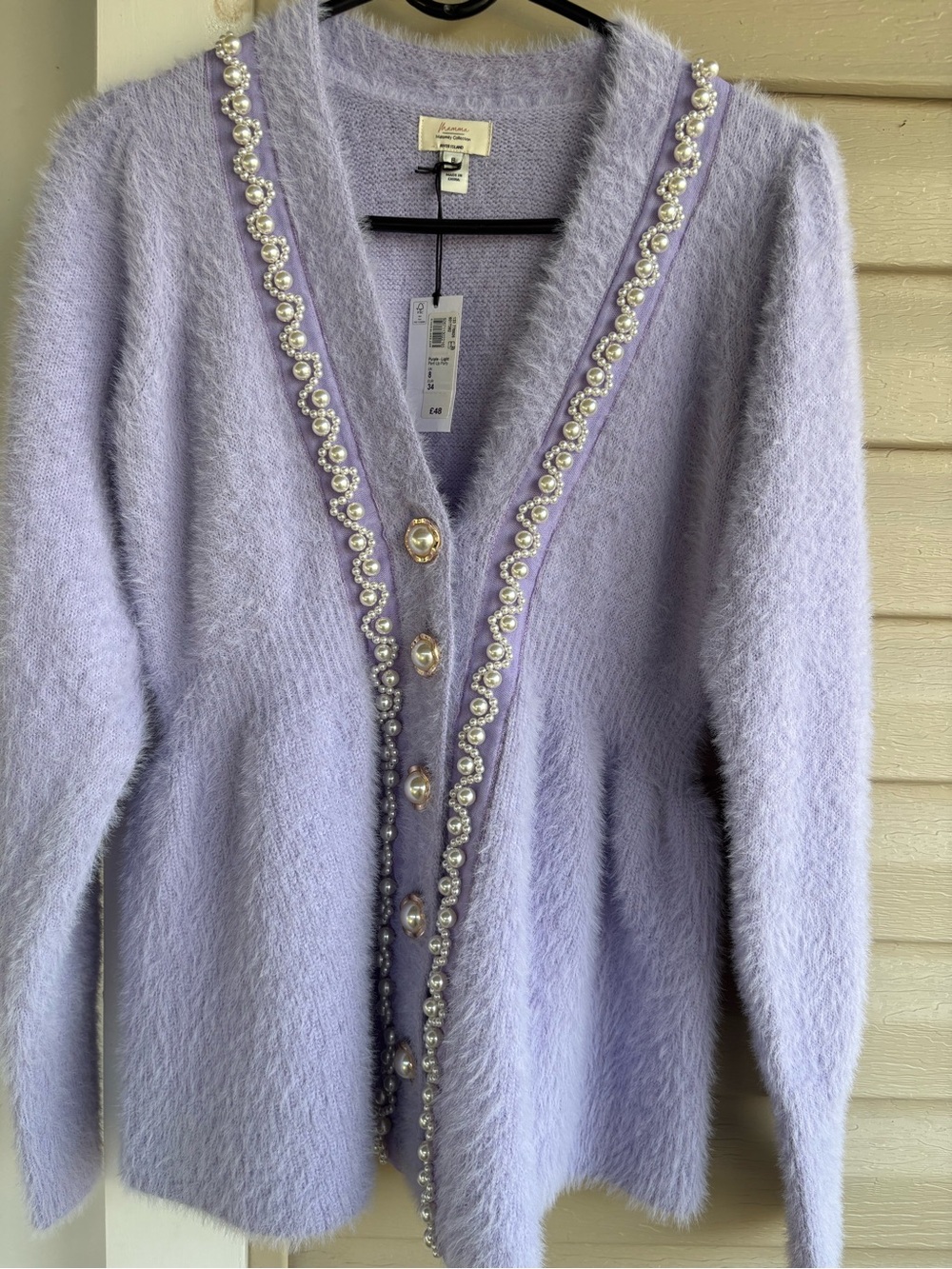RIVER ISLAND Lavender Faux-Fur Pearl-Trim Cardigan Sweater - Unknown Brand